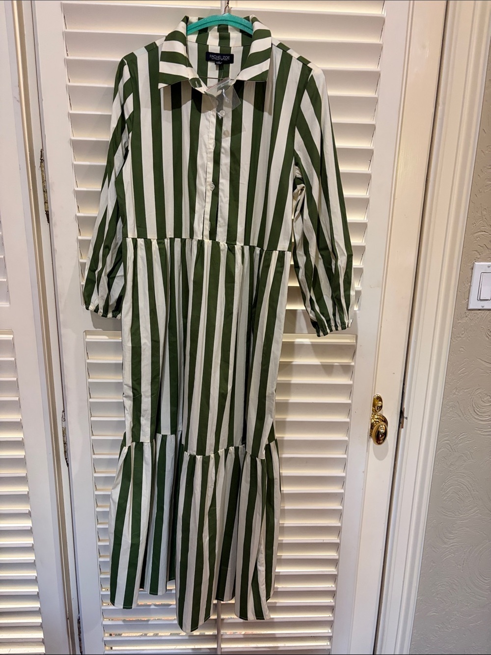 Rachel Zoe Olive Green and White Striped Button-Down Dress . Size small. NWOT